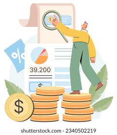 Los personajes administran las finanzas. Hombre calculando el análisis del presupuesto personal o corporativo, administrando los ingresos financieros, consultando con un contable, trabajando en la planificación de informes financieros y aumento de ingresos