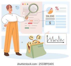 Personaje de administrar las finanzas. Hombre analizando presupuesto personal o corporativo, gestionando ingresos financieros, consultando con contador, trabajando en informe financiero y planificación de aumento de ingresos