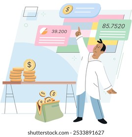 Character manage finances. Man calculating analyzing personal or corporate budget, managing financial income, consulting with accountant, working on financial report and income increase planning