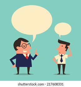 Character of manager or boss giving speech or instruction to subordinate worker who appear being confused or trying to get understanding. Simple design with  copyspace in speech bubble. 