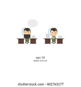 Character manager. Vector Illustration of businessman, dealer. Table. Work.