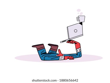 Character Manages Work Like A Boss. Vector Concept For Easy Work And Multitasking. Zen And Success Management. Funny Minimalist And Modern Design Vector Clip Art For Social Networks, Web Design