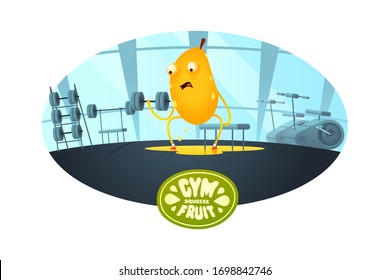 Character mango does exercises with dumbbells in the gym squeezes out all the juices