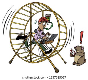 Character Manuel running inside a spinning wheel, working too much, not getting anywhere. 