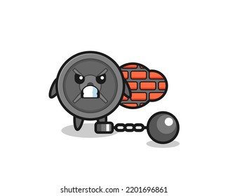 Character mascot of barbell plate as a prisoner , cute design