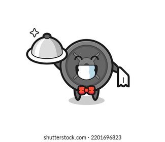 Character mascot of barbell plate as a waiters , cute design