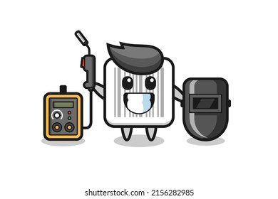 Character mascot of barcode as a welder , cute design