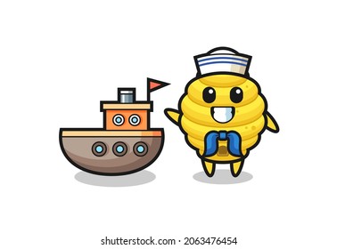 Character mascot of bee hive as a sailor man , cute design