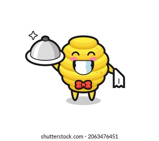 Character mascot of bee hive as a waiters , cute design
