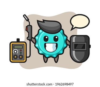 Character mascot of bottle cap as a welder, cute style design for t shirt, sticker, logo element