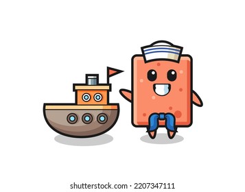 Character mascot of brick as a sailor man , cute design
