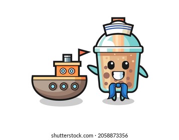 Character mascot of bubble tea as a sailor man , cute style design for t shirt, sticker, logo element
