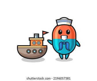 Mascota de caracteres de la cápsula como marinero, diseño de estilo lindo para camiseta, pegatina, elemento logotipo