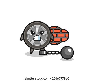 Character mascot of car wheel as a prisoner , cute style design for t shirt, sticker, logo element