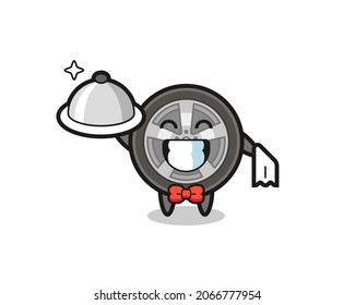 Character mascot of car wheel as a waiters , cute style design for t shirt, sticker, logo element