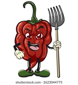 character mascot of a carolina reaper chili cartoon vector isolated clip art illustration carrying fork shovel, work of hand drawn