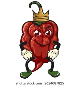 character mascot of a carolina reaper chili cartoon vector isolated clip art illustration crowned like a king while folding his arms calmly, work of hand drawn