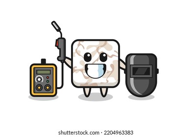 Character mascot of ceramic tile as a welder , cute design
