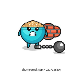 Character mascot of cereal bowl as a prisoner , cute design