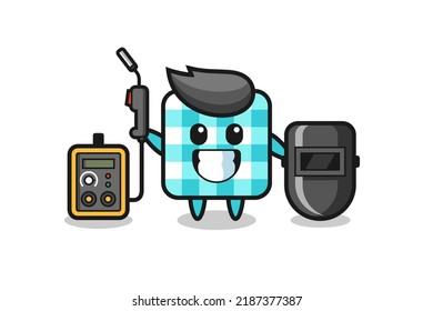 Character mascot of checkered tablecloth as a welder , cute style design for t shirt, sticker, logo element