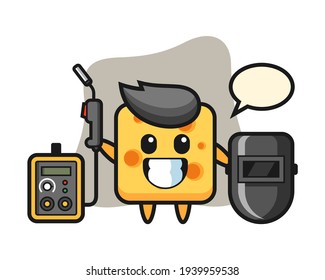Character mascot of cheese as a welder