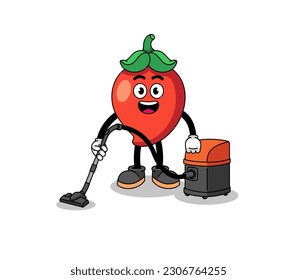 Character mascot of chili pepper holding vacuum cleaner , character design