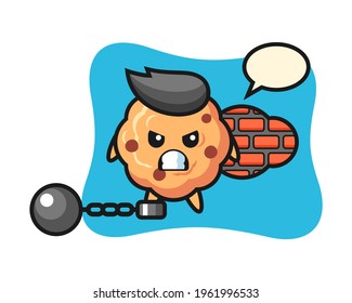 Character mascot of chocolate chip cookie as a prisoner, cute style design for t shirt, sticker, logo element