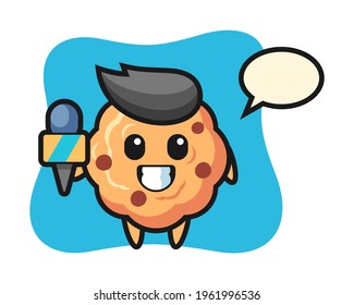 Character mascot of chocolate chip cookie as a news reporter, cute style design for t shirt, sticker, logo element