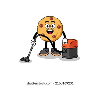 Mascota de caracteres de la galleta de chip de chocolate sujetando la aspiradora , diseño de caracteres