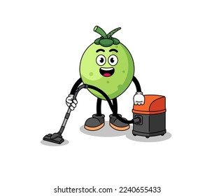 Character mascot of coconut holding vacuum cleaner , character design