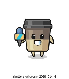 Mascota del personaje de la taza de café como reportero de noticias, diseño de estilo lindo para camiseta, pegatina, elemento logo