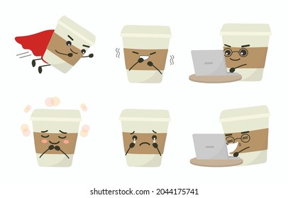 Character mascot coffee mug. The coffee mug has a face and emotion. Sleepy, crying, shocked, scared, determined, hero.