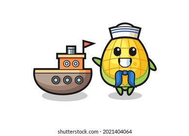Character mascot of corn as a sailor man , cute style design for t shirt, sticker, logo element