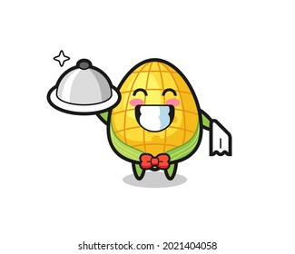 Mascota de caracteres de maíz como camareros , diseño de estilo lindo para camiseta, pegatina, elemento logotipo