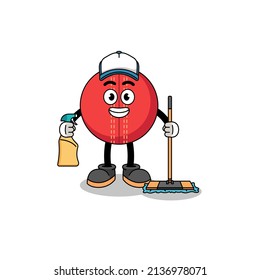 Mascota de caracteres de la pelota de cricket como servicio de limpieza, diseño de caracteres
