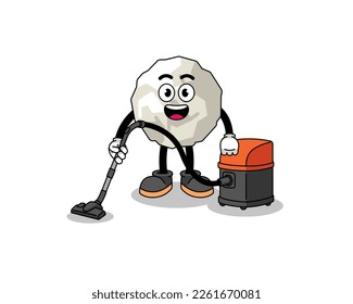 Character mascot of crumpled paper holding vacuum cleaner