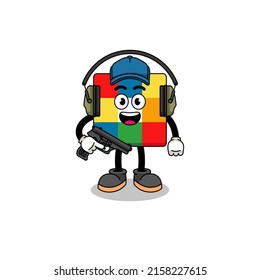 Mascota de caracteres del rompecabezas de cubo haciendo rango de disparo, diseño de caracteres
