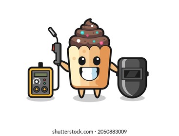 Character mascot of cupcake as a welder , cute design