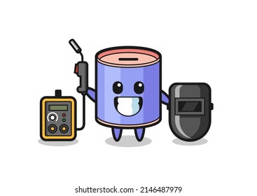 Character mascot of cylinder piggy bank as a welder , cute design