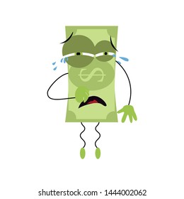 Character mascot dollar banknote cry, Bankrupt, financial loss, cash emotion, vector illustration