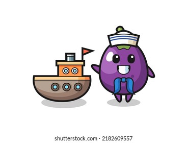 Character mascot of eggplant as a sailor man , cute style design for t shirt, sticker, logo element