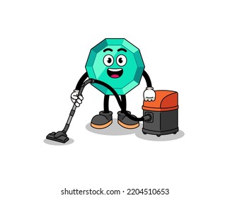 Character mascot of emerald gemstone holding vacuum cleaner , character design