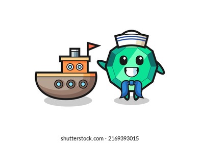 Character mascot of emerald gemstone as a sailor man , cute style design for t shirt, sticker, logo element