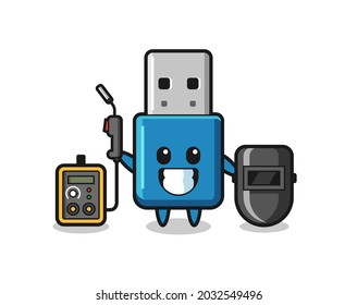 Character mascot of flash drive usb as a welder , cute style design for t shirt, sticker, logo element