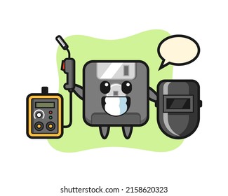 Mascota de caracteres del disquete como soldador , diseño de estilo lindo para camiseta, pegatina, elemento logotipo