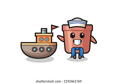 Character mascot of flowerpot as a sailor man , cute style design for t shirt, sticker, logo element