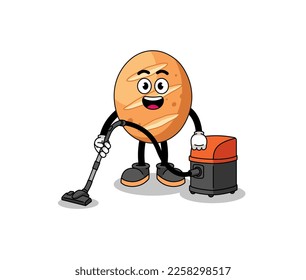 Character mascot of french bread holding vacuum cleaner , character design