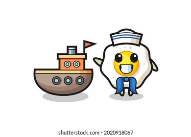 Character mascot of fried egg as a sailor man , cute style design for t shirt, sticker, logo element