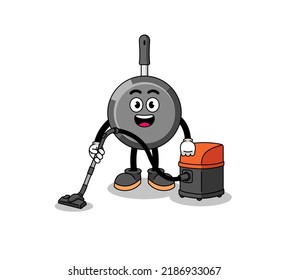 Character mascot of frying pan holding vacuum cleaner , character design