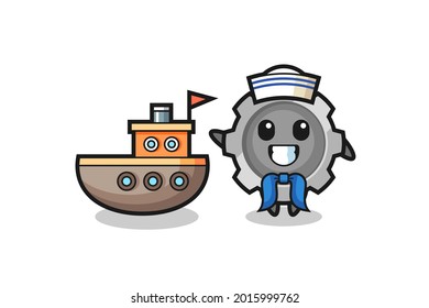 Character mascot of gear as a sailor man , cute style design for t shirt, sticker, logo element